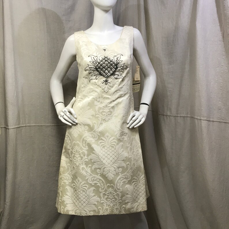 Beaded Sheath Dress 60s Damask Dress Vintage White Dress Sleeveless Minx Modes NOS Deadstock