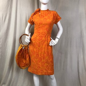 Cheongsam Style Dress 50s 60s S  Orange // Short Sleeve Dress Matching Purse