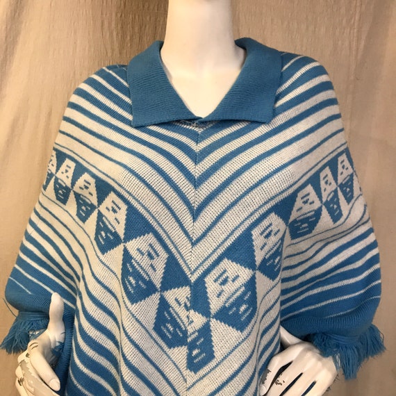 Knit Poncho Blue White Collared Vintage 60s 70s S… - image 4