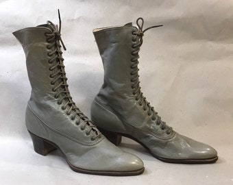 Botas de abuela grises de cuero, década de 1910, talla 6, NOS, stock muerto, zapatos eduardianos con cordones Crossett