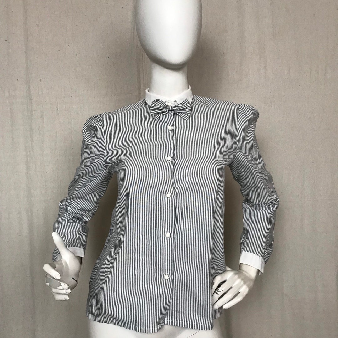 Striped Shirt Bow Tie Button Down Jordache Blouse Long Sleeve