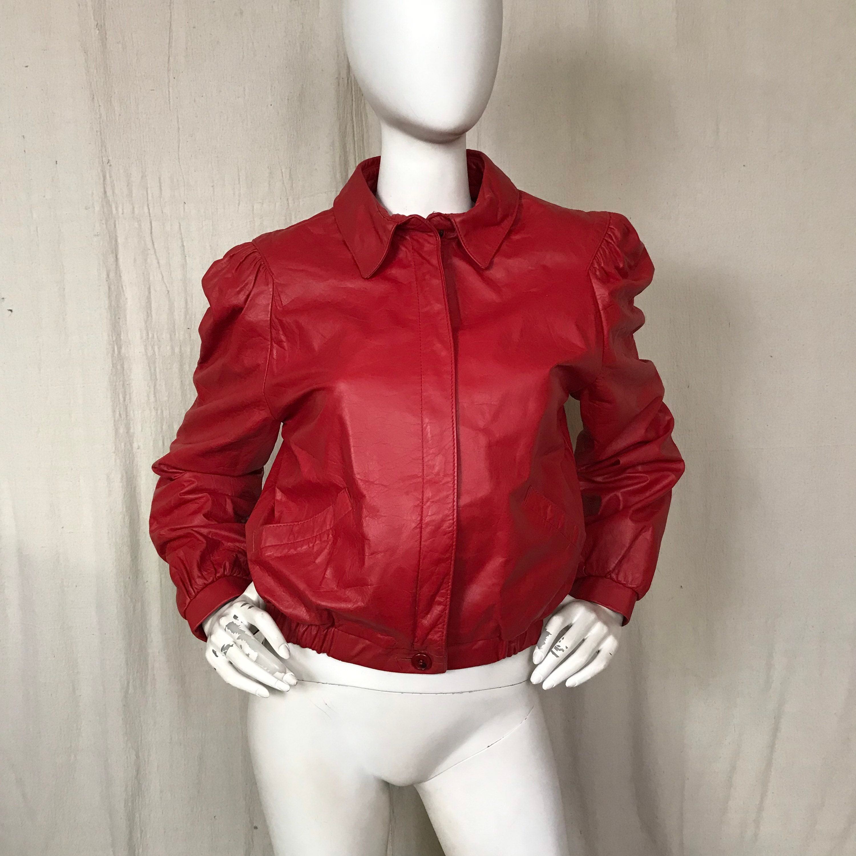 80s Leather Bomber Jacket Red Vintage 