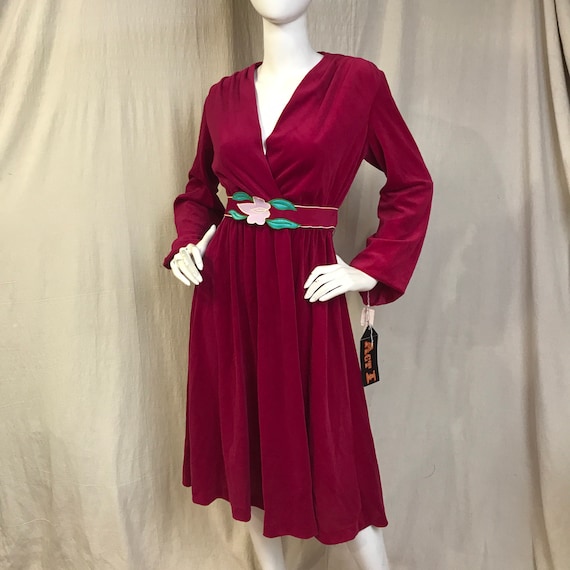 V Neck Velour Dress Magenta // Long Sleeve Belted