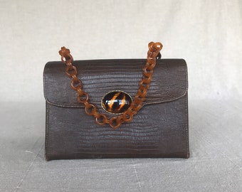 Alligatorhandväska med celluloidkedjehandtag // Stor vintage 50-tals askväska // Retro accessoar för kvinnor
