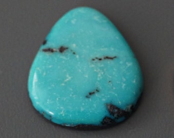 May include: A turquoise cabochon gemstone with black veins, measuring approximately the size of a US penny.