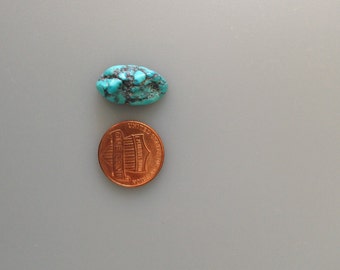 May include: A turquoise blue gemstone, shaped like a teardrop, next to a US penny coin. The coin is copper colored and has the words "United States of America" and "One Cent" on it.