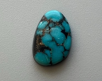 May include: A polished, oval-shaped turquoise gemstone with a vibrant blue-green hue. The stone features dark brown and black matrix patterns throughout, creating a unique and natural design. The gemstone is set against a neutral gray background.