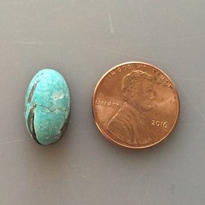 May include: A turquoise cabochon gemstone with black veins and a rough texture. The gemstone is oval-shaped and is about the size of a US penny.