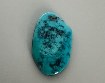 May include: A polished, oval-shaped turquoise gemstone with a vibrant teal hue. The stone features dark matrix patterns, creating a unique visual texture. The gemstone is set against a neutral gray background.