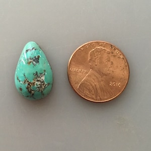 May include: A teardrop-shaped turquoise gemstone with dark matrix patterns, next to a 2016 penny. The gemstone is a vibrant teal color with brown and black inclusions. The penny is copper-colored and shows the profile of a person.