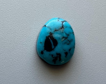 May include: Oval-shaped turquoise gemstone with black matrix veining. The polished stone has a glossy finish and is set against a light gray background. This gemstone is suitable for jewelry making.