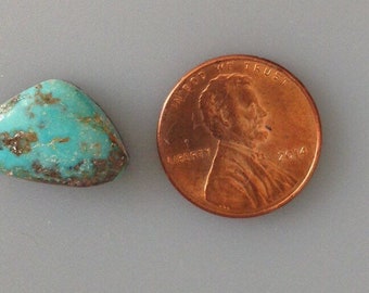May include: A turquoise cabochon gemstone with brown matrix, approximately the size of a US penny.