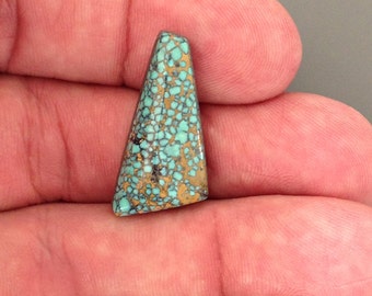 May include: A turquoise cabochon with a spiderweb pattern in shades of blue and brown. The stone is triangular in shape and has a smooth, polished surface.