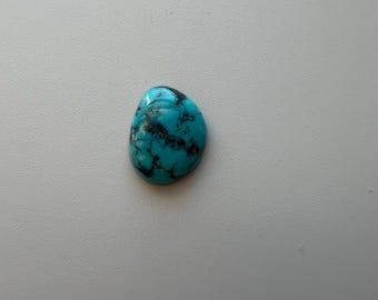 May include: A polished, oval-shaped turquoise gemstone with a vibrant blue-green hue and dark matrix patterns. The stone is set against a neutral background, highlighting its natural beauty. This gemstone is suitable for jewelry making.