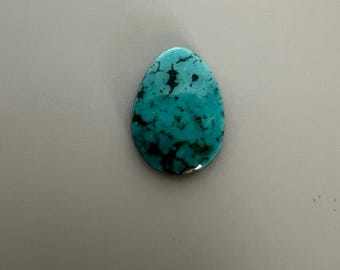 May include: A teardrop-shaped turquoise gemstone with a polished surface. The stone features a vibrant teal color with dark, irregular veining patterns. The gemstone is set against a neutral gray background.
