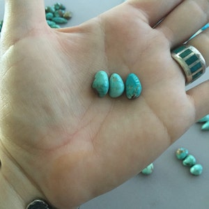 May include: Three turquoise gemstones, each with a unique shape and a vibrant blue-green hue, are displayed in a hand. The gemstones are rough-cut and appear to be natural, with visible textures and variations in color. Other turquoise stones are scattered in the background.