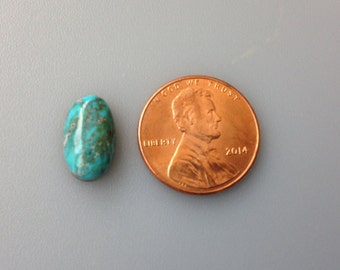 May include: A turquoise cabochon gemstone, oval shaped, with a green and blue color, next to a US penny for size comparison.