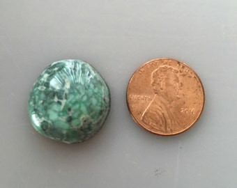May include: A green and white cabochon gemstone with a mottled pattern, approximately the size of a US penny.