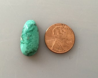May include: A turquoise cabochon gemstone, oval shaped, with a green and blue color, next to a US penny for size comparison.