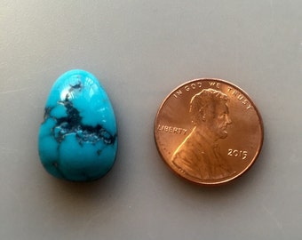 May include: A turquoise cabochon gemstone in a teardrop shape, next to a US penny for size comparison. The turquoise has a blue-green color with dark brown veins.