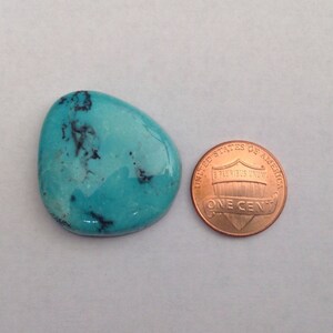 May include: A turquoise cabochon gemstone with black matrix, measuring approximately the size of a US penny.
