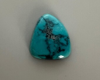 May include: A polished, triangular turquoise gemstone with a vibrant blue-green hue. The stone features dark, intricate veining patterns, adding depth and character. The gemstone is set against a neutral background, highlighting its natural beauty.