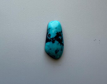 May include: A polished turquoise gemstone with black matrix veining. The stone has a smooth, rounded shape and a vibrant blue-green color. The gemstone is set against a neutral gray background.