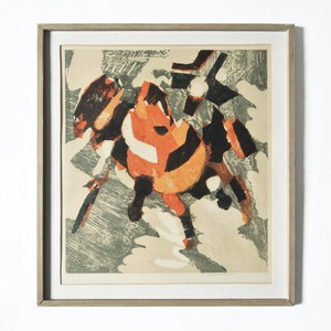 May include: Abstract art print in a wooden frame. The artwork features a colorful composition of orange, black, and white shapes against a muted green and white background. The print has a modern, geometric style.