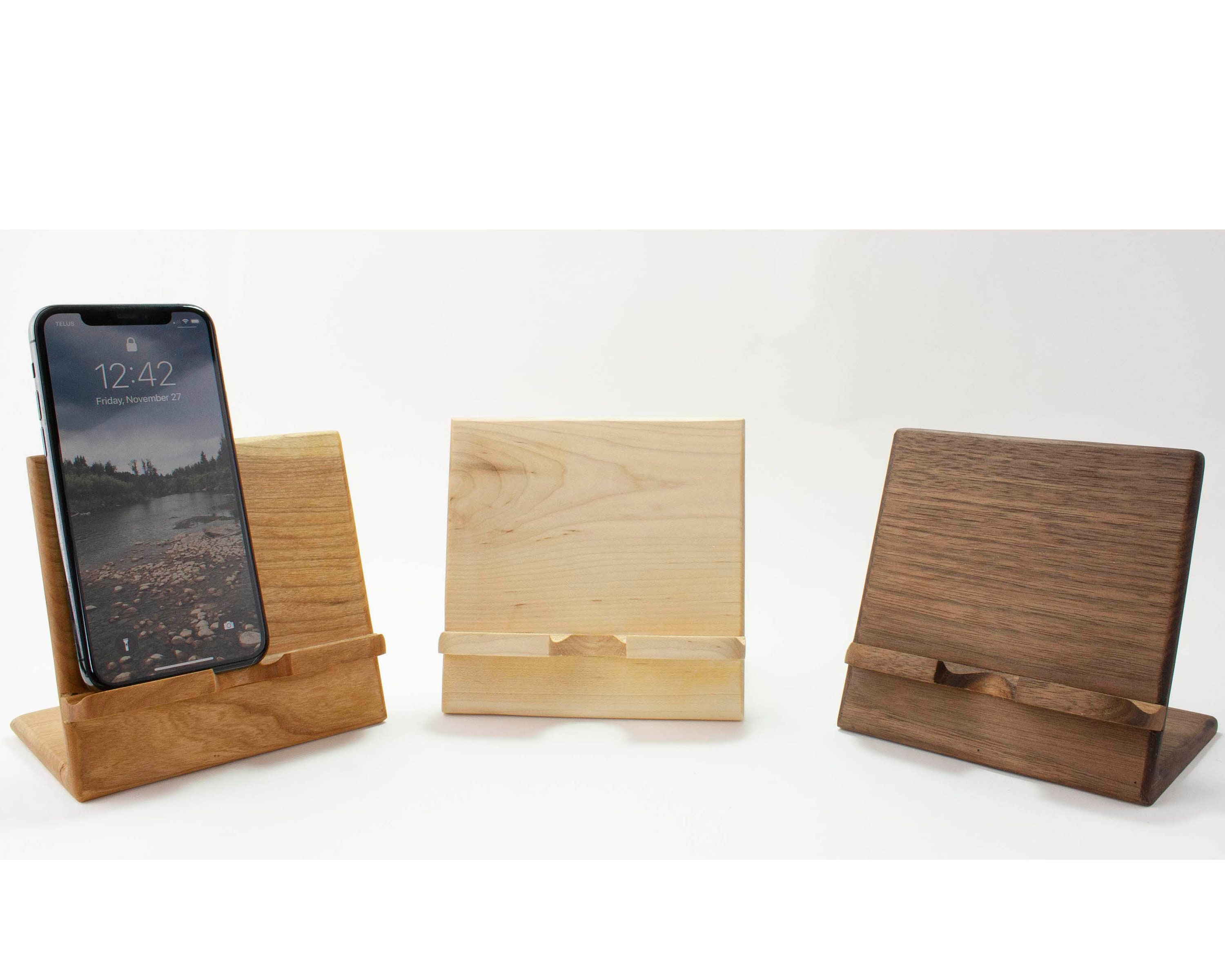 Wood Phone Stand, Wooden Phone Stand, Desktop Phone Holder, Mobile Phone Holder Double Groove Design (Set of 2)
