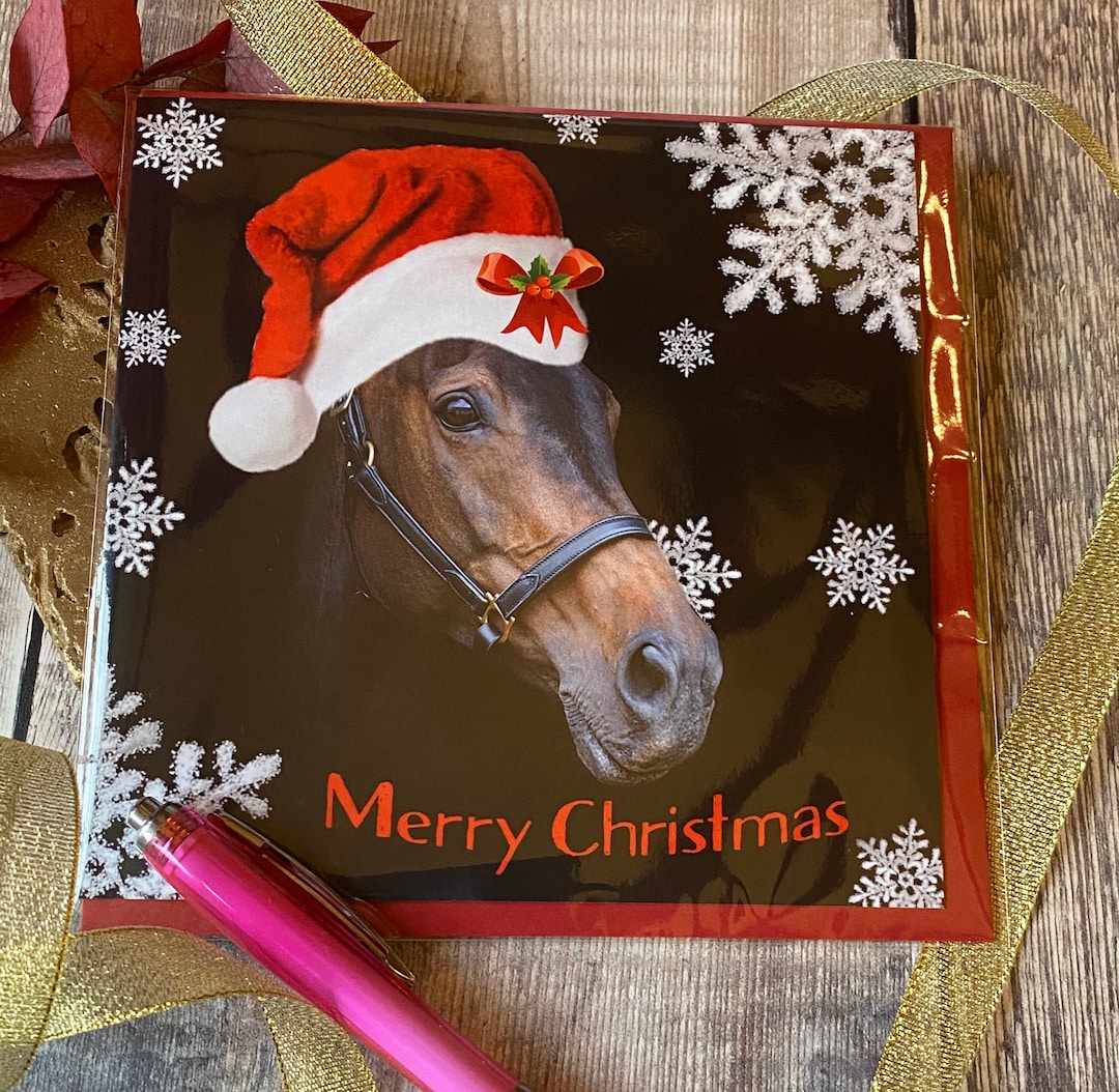 Horse Christmas Card - Horse in Santa Hat Christmas Card- Horse Xmas ...