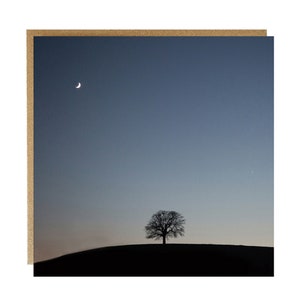Un arbre sur une colline avec le clair de lune - Carte de voeux Seul sur une colline - Carte contemplative - Ciel au clair de lune - Carte romantique