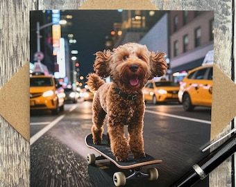 Cockapoo on skateboard Greeting Card: fun cockapoo card - Blank Inside, suitable for All Occasions