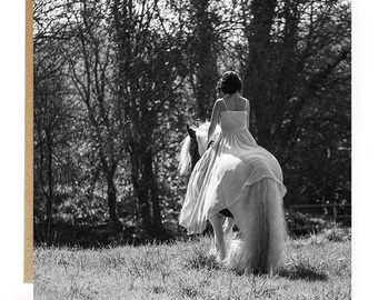 Black and White Horse Greeting Card: Girl riding her horse - blank card for any occasion