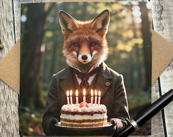 Fun Fox Birthday Card: fox holding birthday cake, lovely fun fox birthday card - Blank Inside