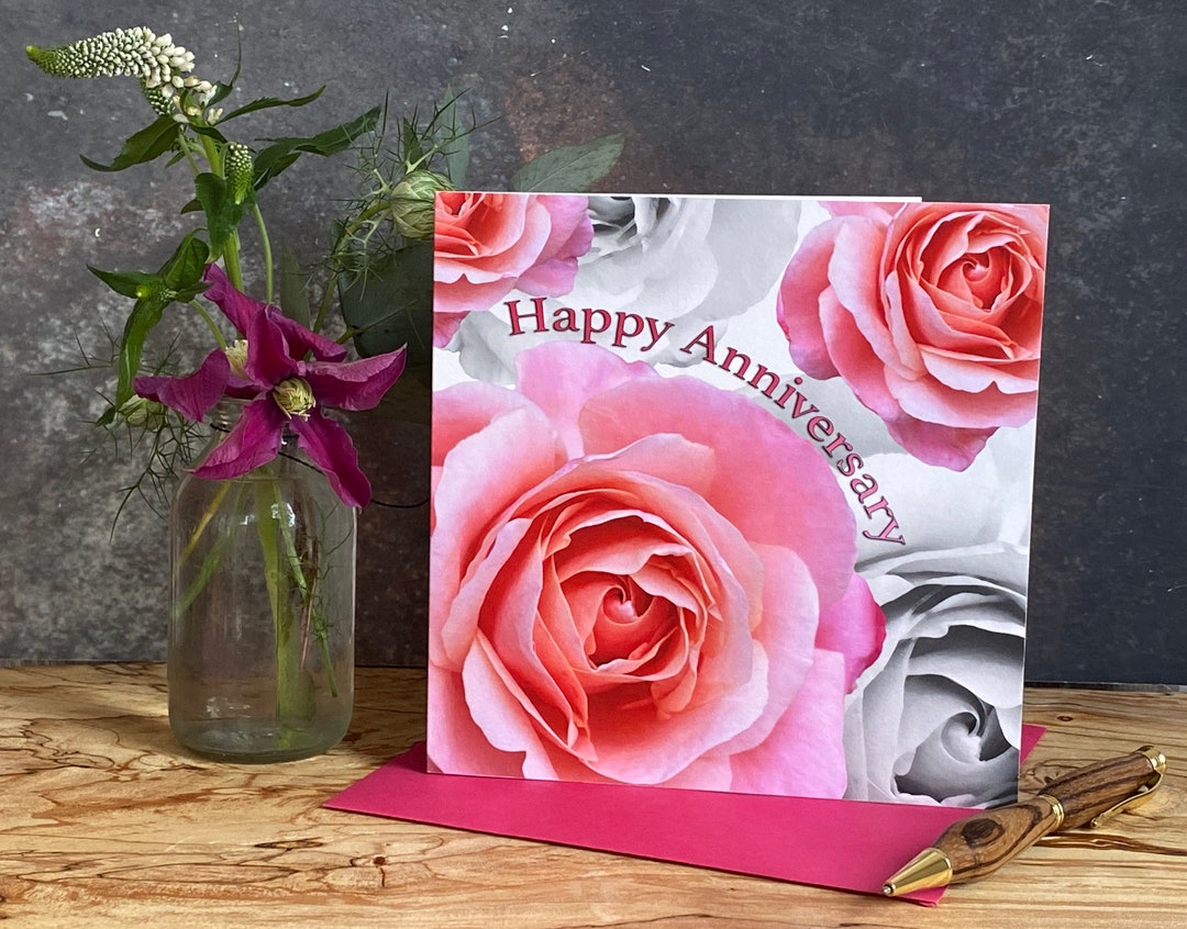 Pink Rose Anniversary Card: Floral Greeting, Blank Inside - Etsy
