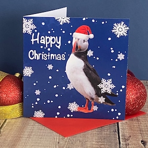 Papegaaiduiker kerstkaart- kerstkaart- twee papegaaiduikers met kerstmutsen schattige kerstkaart