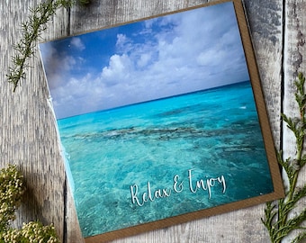 Greeting card beach scene - blue sea and sky greeting card that says relax and enjoy, Maldives greeting card