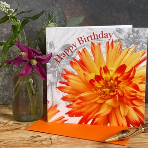 Carte d'anniversaire orange Dhalia - carte d'anniversaire fleur - carte d'anniversaire orange dhalia - carte joyeux anniversaire dhalia orange vif - anniversaire