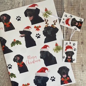 Set di carta da regalo e cartellino per Natale Labrador - set di carta da regalo di Natale per cani labrador neri - carta da regalo per Natale per cani