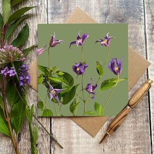 Bloemenkaart clematis - bloemenkaart voor vriend - bloemenkaart voor elke gelegenheid - verjaardagskaart - kaart met felle bloemen - clematisbloemen