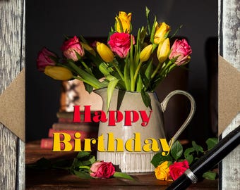 Tulip & Rose Birthday Greeting Card: Floral Birthday Card for Her