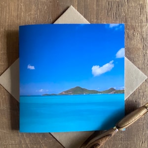 Carte de voeux scène de plage - carte de voeux mer et ciel bleus - carte de plage d'Antigua, carte de voeux de plage ensoleillée - carte de vœux - carte d'anniversaire
