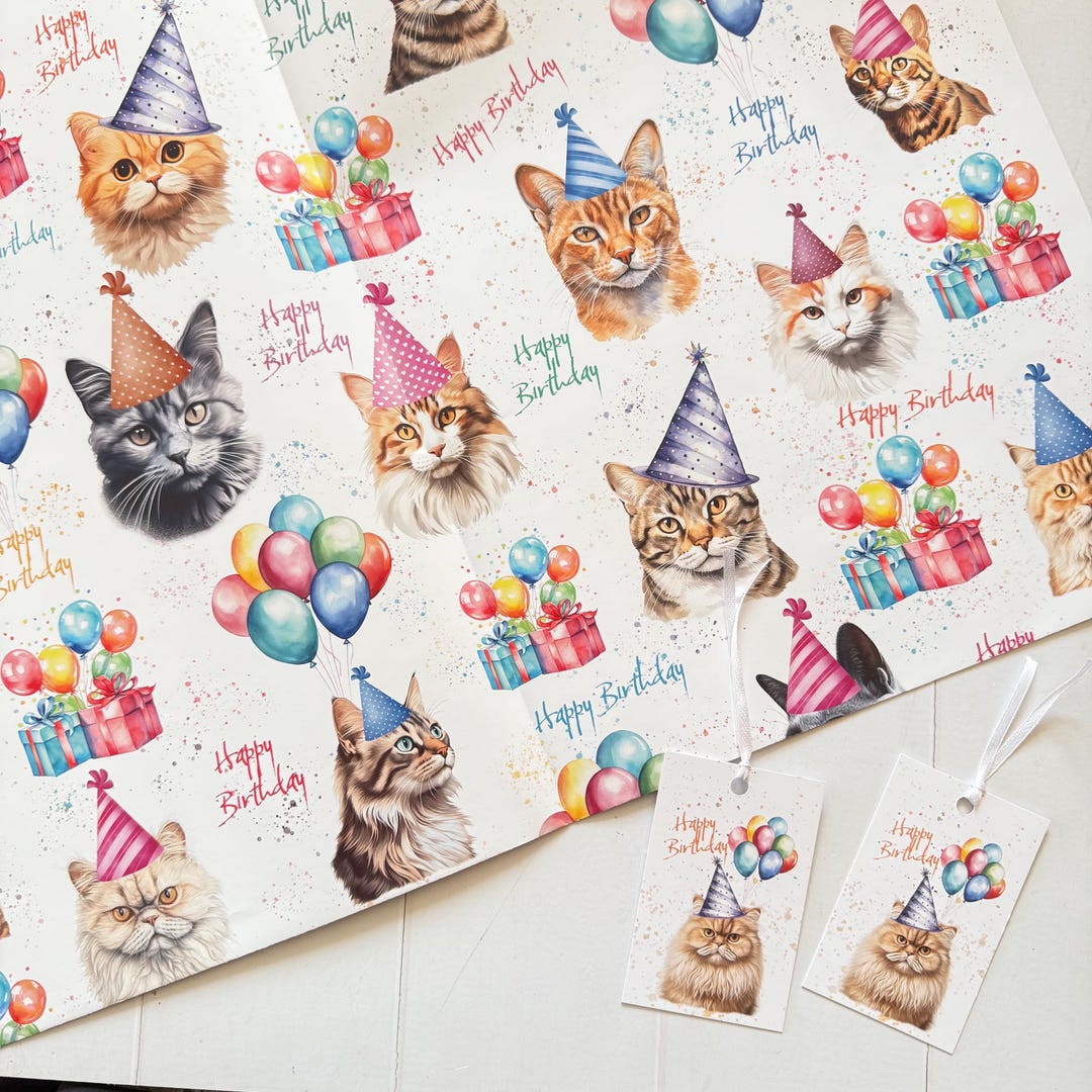 Cat Birthday Gift Wrap and Tag Set: Fun Birthday Cat Lover Gift Wrap ...