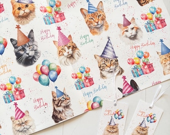 Cat birthday Gift Wrap and Tag Set: fun birthday Cat Lover gift wrap - cats in hats birthday wrapping paper