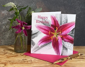 Lily Birthday card - flower card - pink floral greeting card - flower card for friend - card for mom - Star gazer lily birthday card