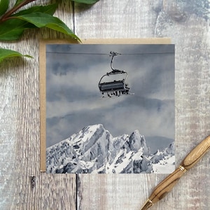 Skiing Card, Ski chairlift Card, chairlift and snow covered mountains, snow sport card, skiing greeting card, ski birthday card