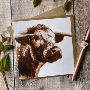 British Longhorn cow card - cow greeting card- British cow card farming greeting card