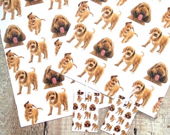 May include: A set of wrapping paper and gift tags featuring a repeating pattern of brown and white dogs. The dogs are all facing forward with their tongues sticking out.