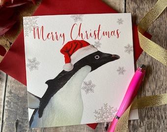 Penguin Christmas card- penguin in Santa hat Christmas card - Christmas card- Christmas penguin