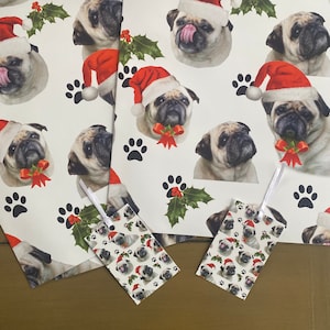 Set di carta da regalo e cartellino natalizio a forma di carlino - adorabile set di carta da regalo natalizia a forma di carlino - carta da regalo natalizia a forma di cane